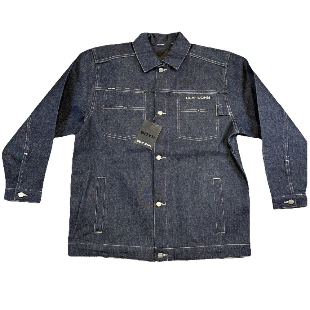 Vintage NWT Sean John Boys Large 16-18 Jacket Denim Jean Distressed Logo Y2K